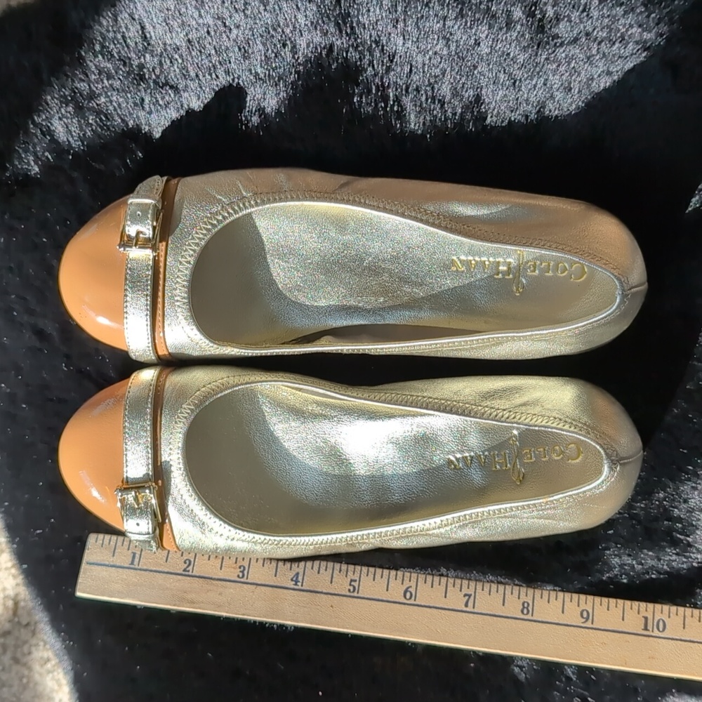 Cole Haan Gold and Tan Flats with Buckle Detail
